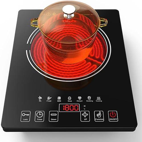 Estufa Eléctrica, Placa de Cocina Eléctrica Portátil de 1800W de Quemador Único con Pantalla Táctil LED, 8 Niveles de Potencia y 8 Niveles de