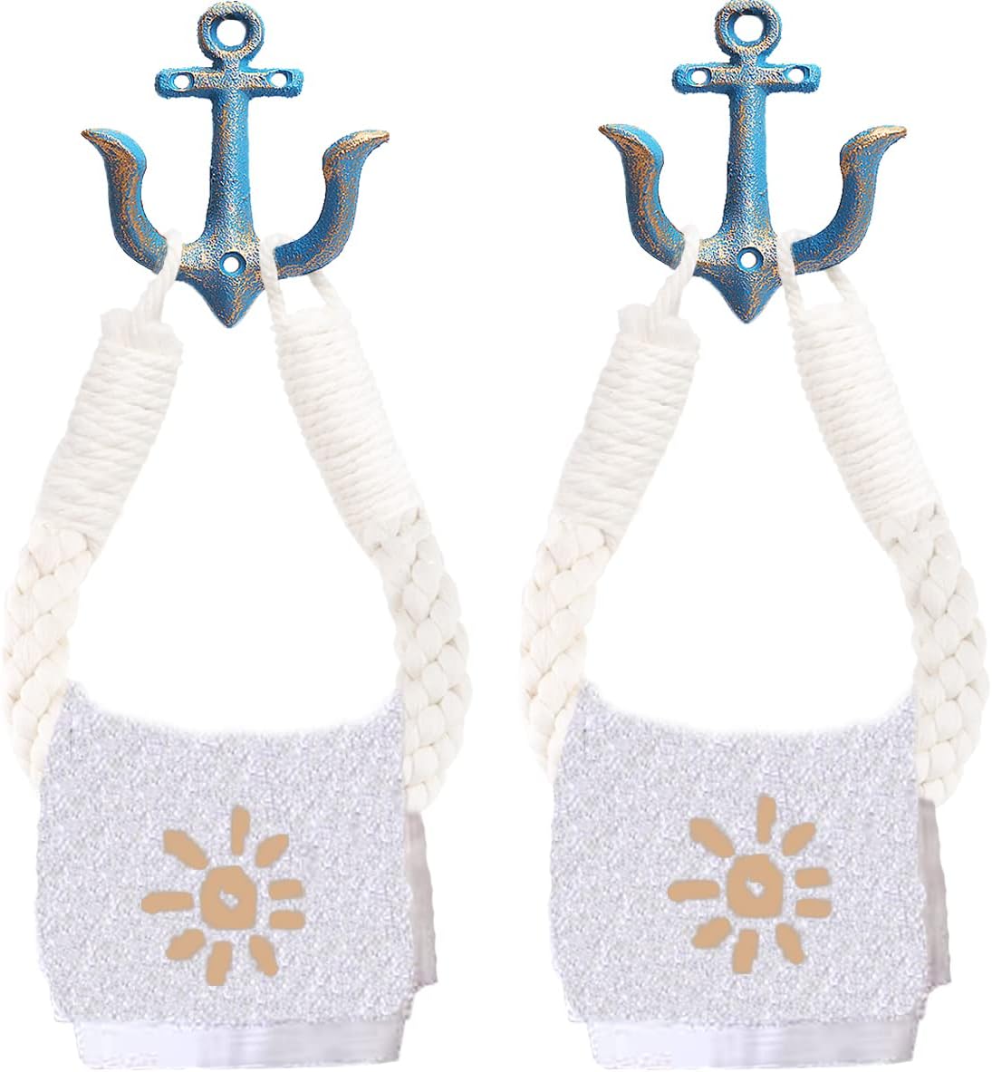 2 Pcs White Nautical Rope Toilet Paper Holder Wall-Mounted Towel Ring Nautical Toilet Paper Holder with Metal Hooks Coastal Towel Rack （Blue+Blue）