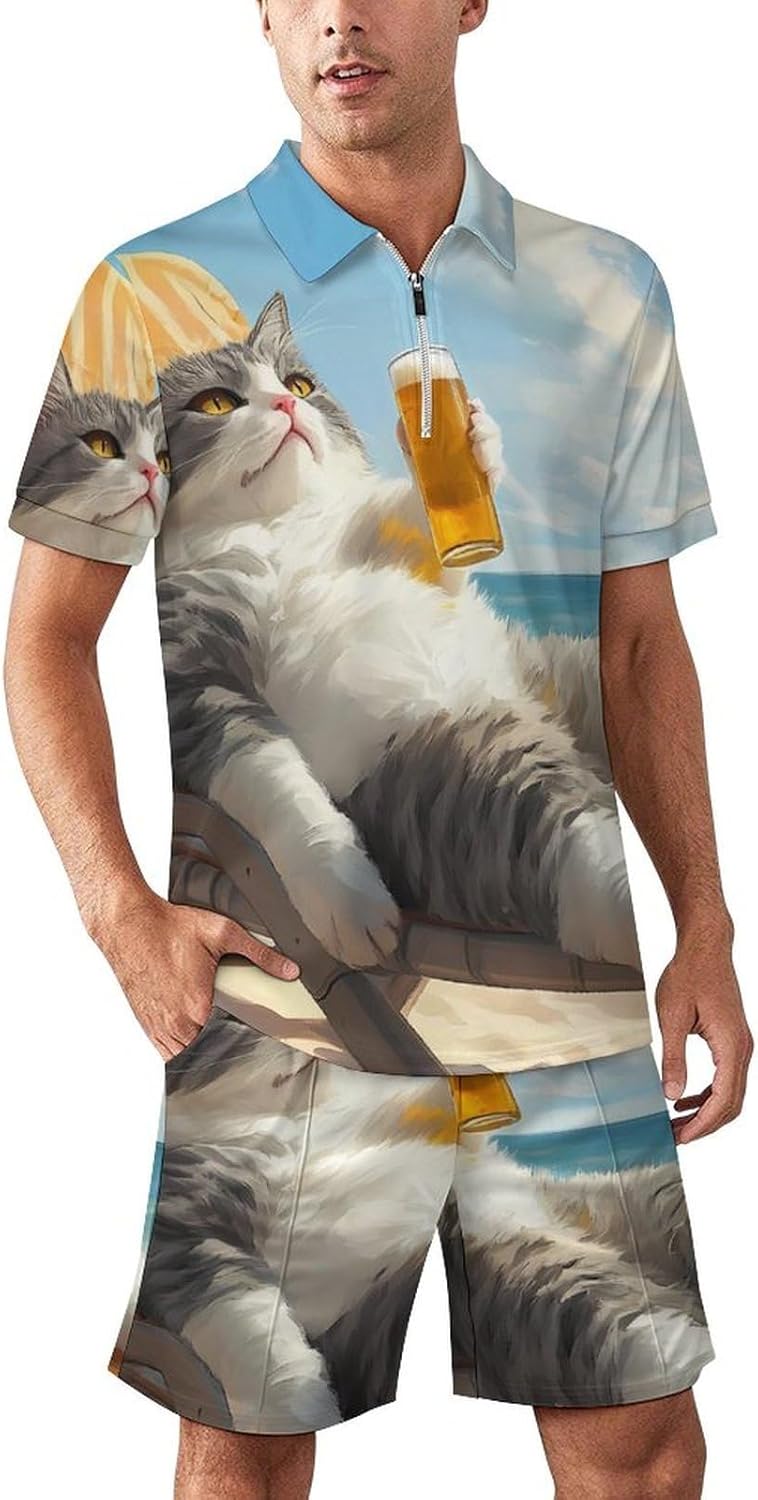 Beer Cat Mens Polo Shirts Track Suits 2 Piece Short Sleeve Sweatsuit 1/4 Zip Golf Loungewear for Sports