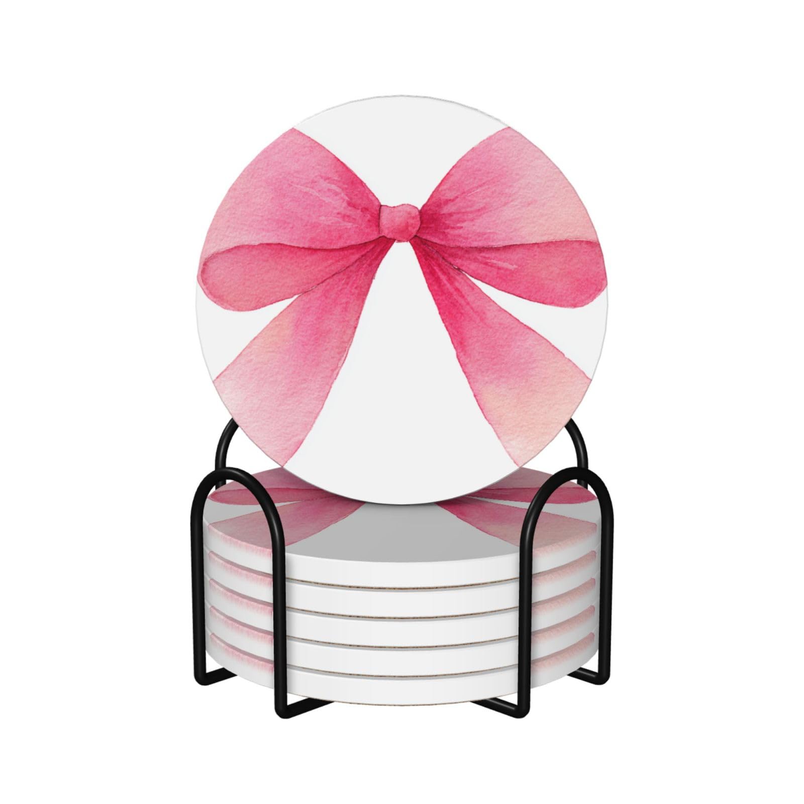 Cute Pink Ribbon Bow Watercolor Ceramic Coasters with Holder 6ps