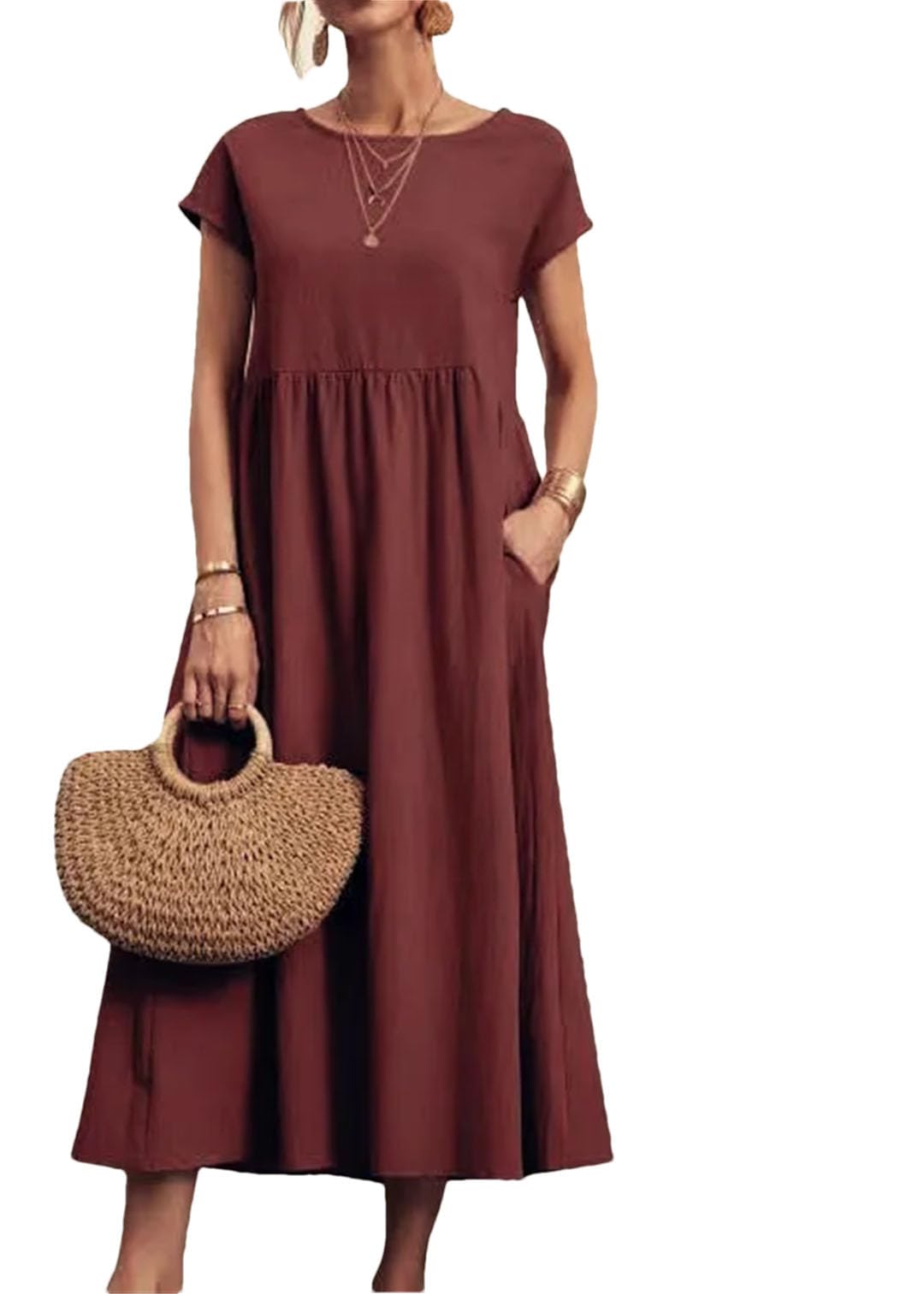 Damskie eleganckie jednolite sukienki okrągły dekolt krótki rękaw bawełniana sukienka vintage luźne kieszenie długa sukienka Vestidos szlafrok