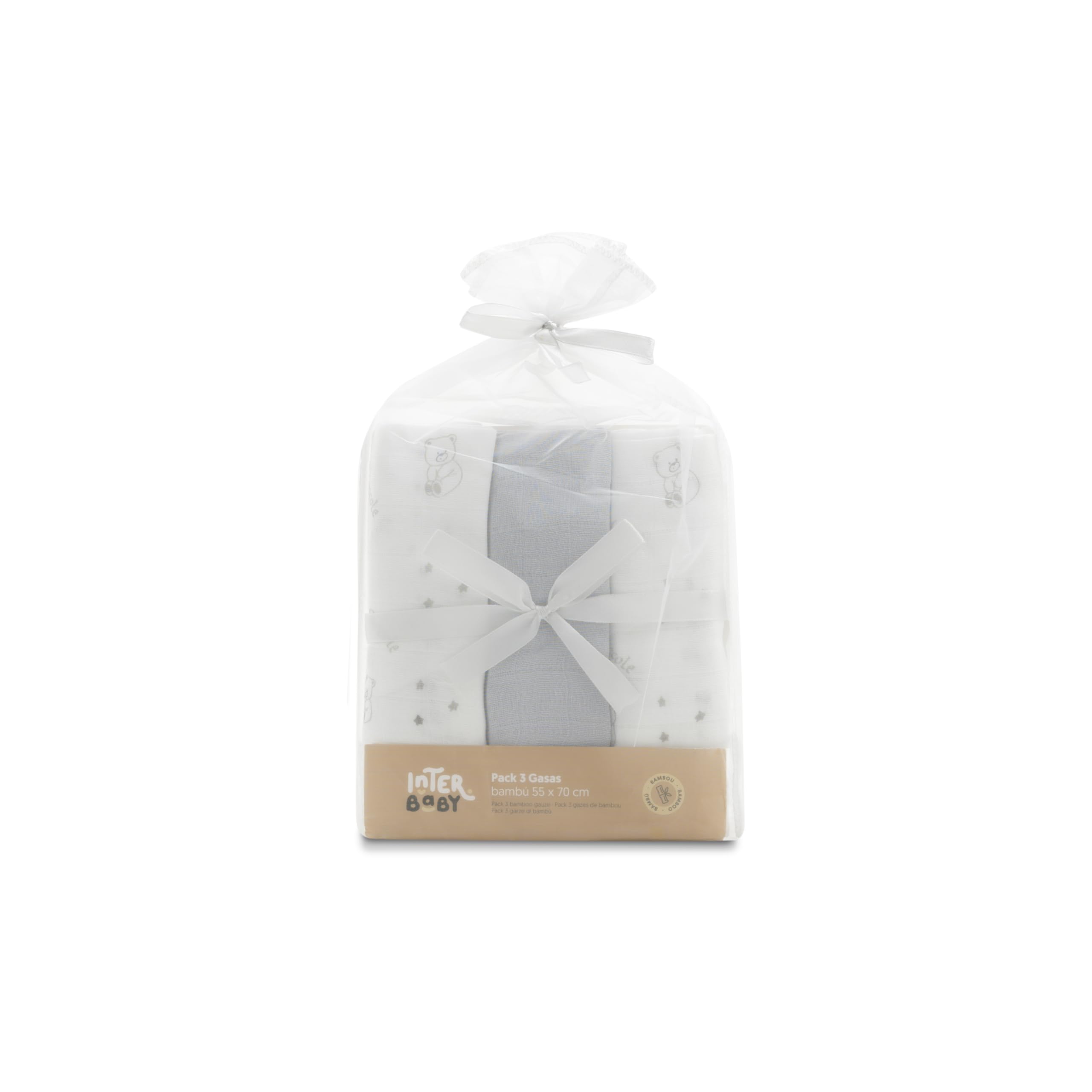 INTERBABY Set di 3 Mussole di Bambù BEAR grigio per neonati 55x70 cm