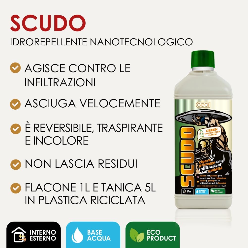 GEAL SCUDO. Idrorepellente Anti Infiltrazioni Base Acqua. Elimina Infiltrazioni per Terrazze, Pavimenti e Rivestimenti. 1 Litro rivestimenti. 1 Litro