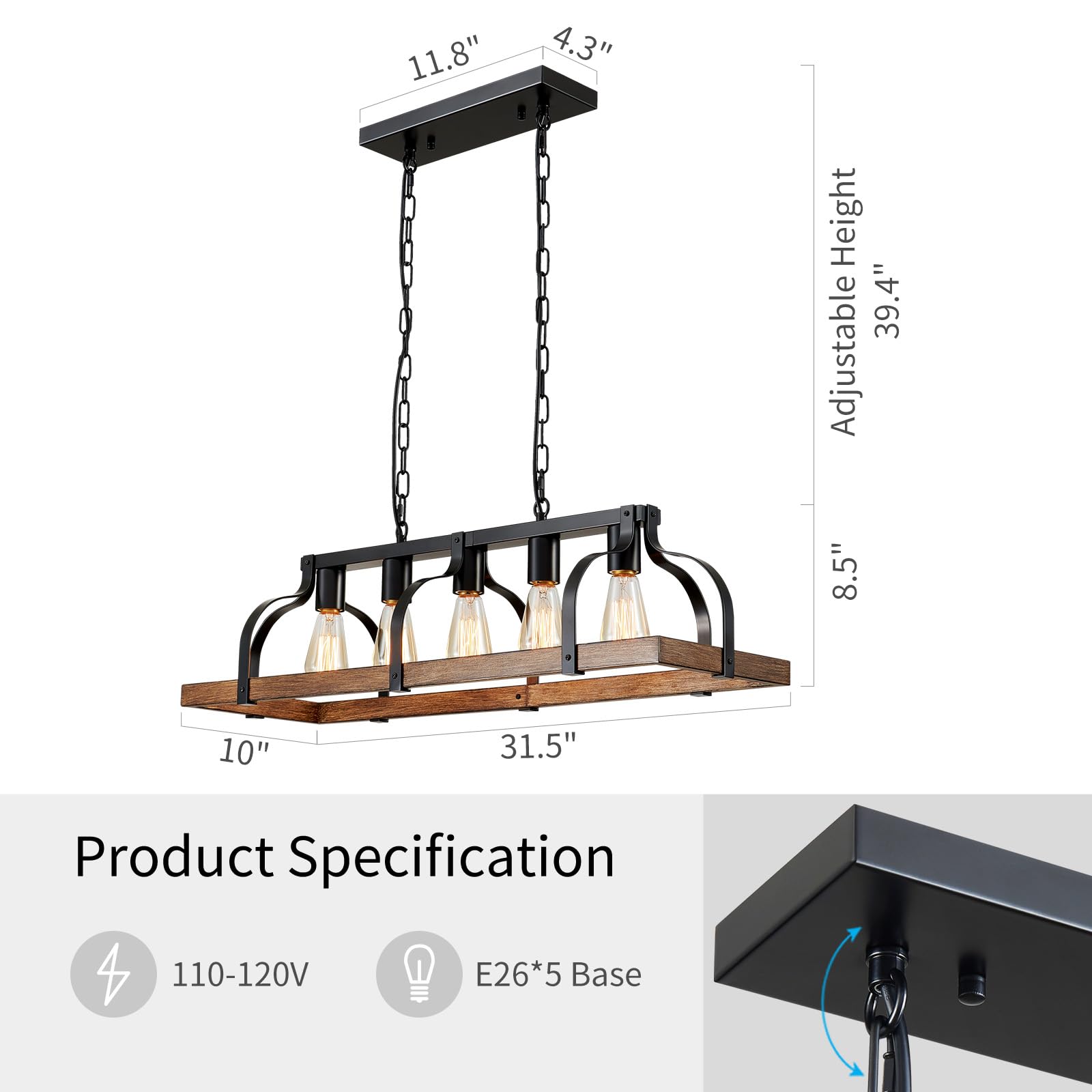 WUZUPS 5 Lustres Métal Léger Imitation Grain de Bois Lampe Suspension Linéaire Éclairage Plafond Rustique Ferme Robinet Cuisine Île Salle à Manger Socle E27 Noir & Bois Rétro