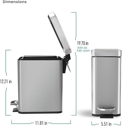 Miniatura 7 de Home Zone Living Bote de basura de baño de 13 galones acero inoxidable delgado pedal escalonado 5 litros