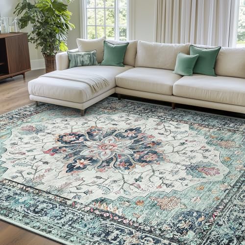 RELEANY Area Rugs 8'x10' Washable Non-Slip, Floral Vintage Distress Print Pattern Medallion Carpet for Living Room Bedroom Dining Room, Green Navy Blue White Red Teal Colorful