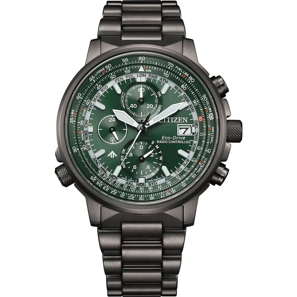 Citizen AT8304-57W Funkuhr für Herren, Eco-Drive H800, Funkuhr, Edelstahl, grau, Chronograph, grünes Zifferblatt, 20 ATM
