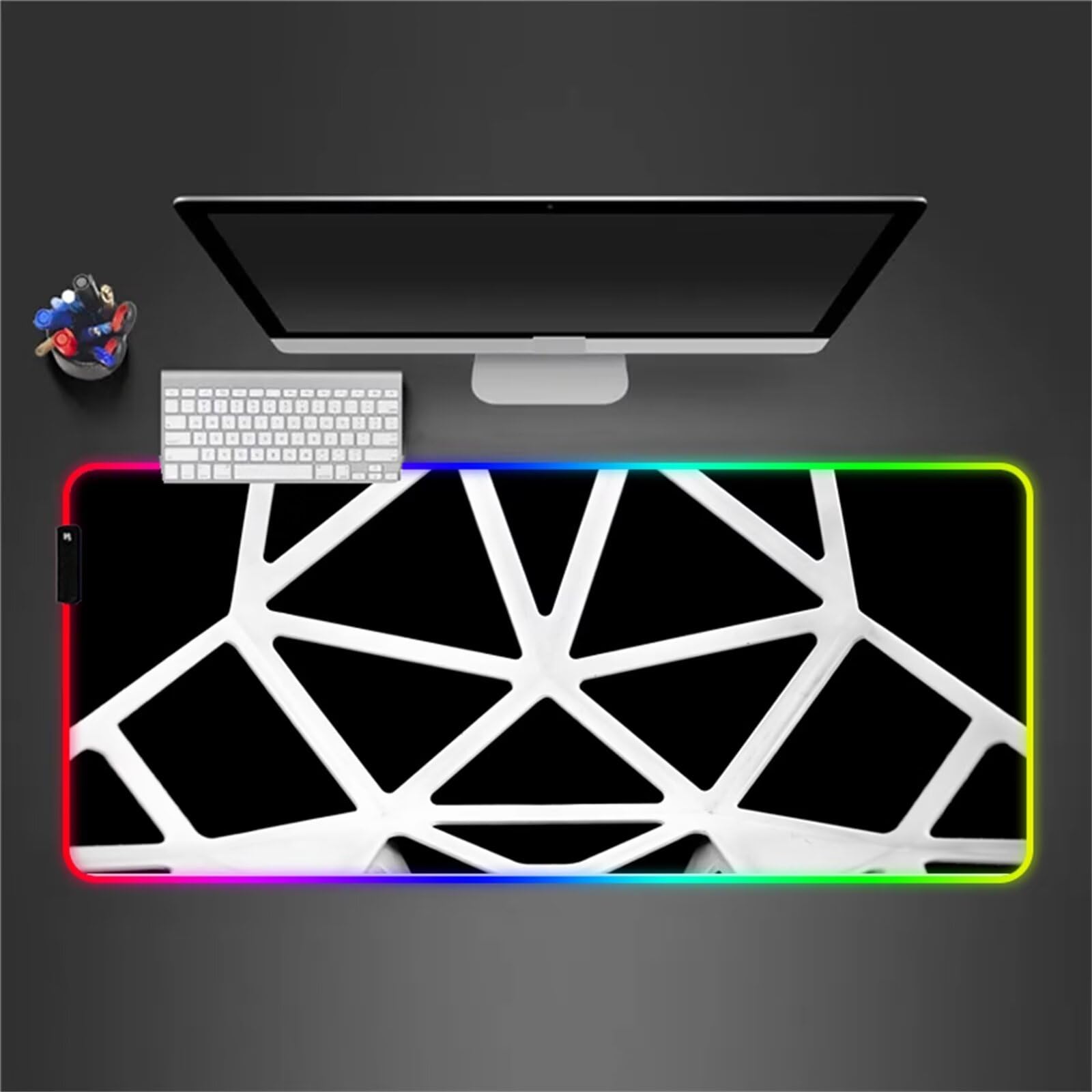 Tappetino per Mouse RGB Bianco Geometrico Grande Tappetino per Mouse da Gioco LED con 14 Modalità di Illuminazione Tappetino Antiscivolo per Laptop Ufficio e Scrivania 900x400x4mm