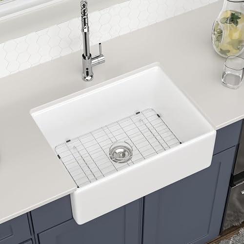 Logmey 28 Inch Farmhouse Sink White Apron Front Kitchen Sinks 28x20x10 Single Bowl Undermount Fireclay Ceramic Farm Sink for Countryside Classic Style