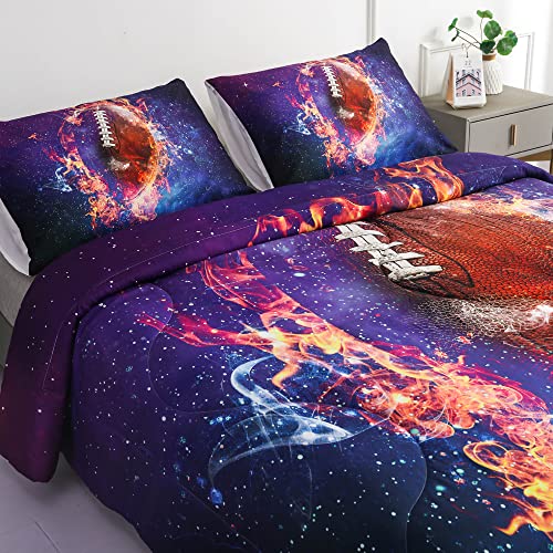 Roscloud Sports Football Rugby Comforter Sets Twin Size Bed Set- 2Pc Ice Flame Galaxy Football Boys Quilt Bedspread Bedding Set（Comforter X 1 Pillowcases X 1） #TOP2