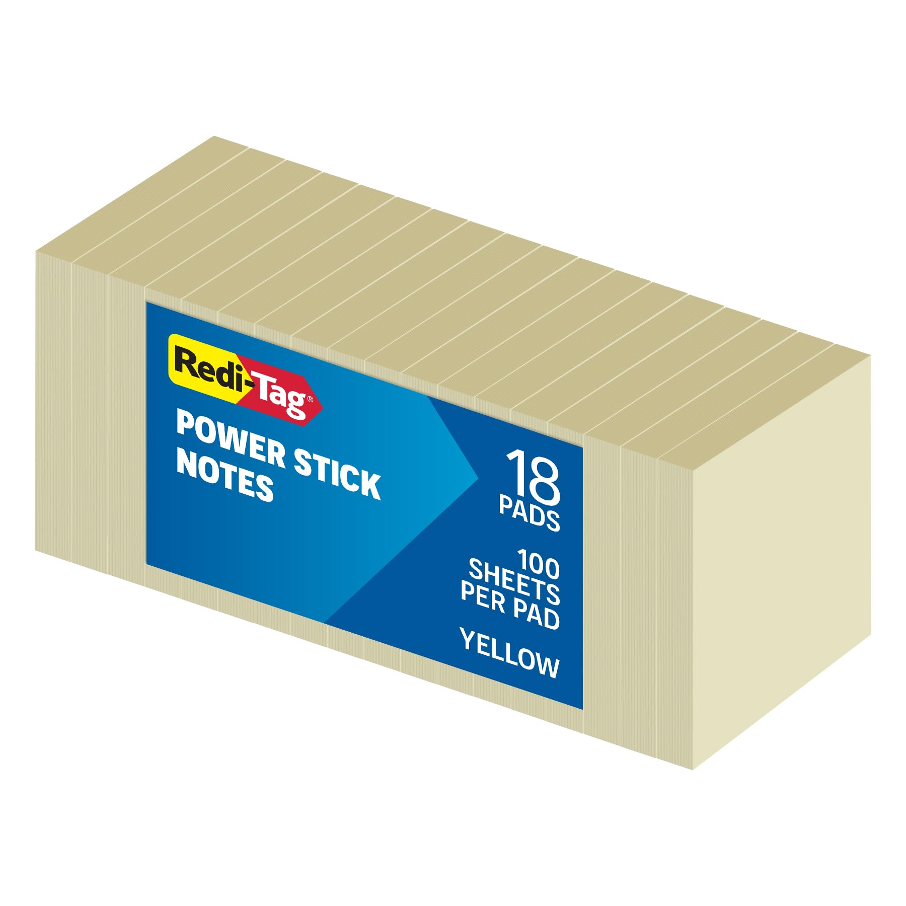 Redi-Tag Sticky Notes, 3 x 3 inch, Power Stick Notes, Yellow, 18 Pack, Super Strong Adhesive, Recyclable Paper Memo Pads for Office, School, and Home, 100 Sheets per Pad, 1800 Sheets Total