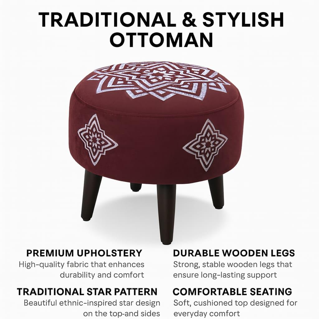 Jaico Round Ottoman with Moroccan-Inspired Geometric Pattern – Upholstered Footstool with Wooden Legs, Beige and Brown Accent Stool for Living Room or Bedroom Pack of 2. (Maroon) 1