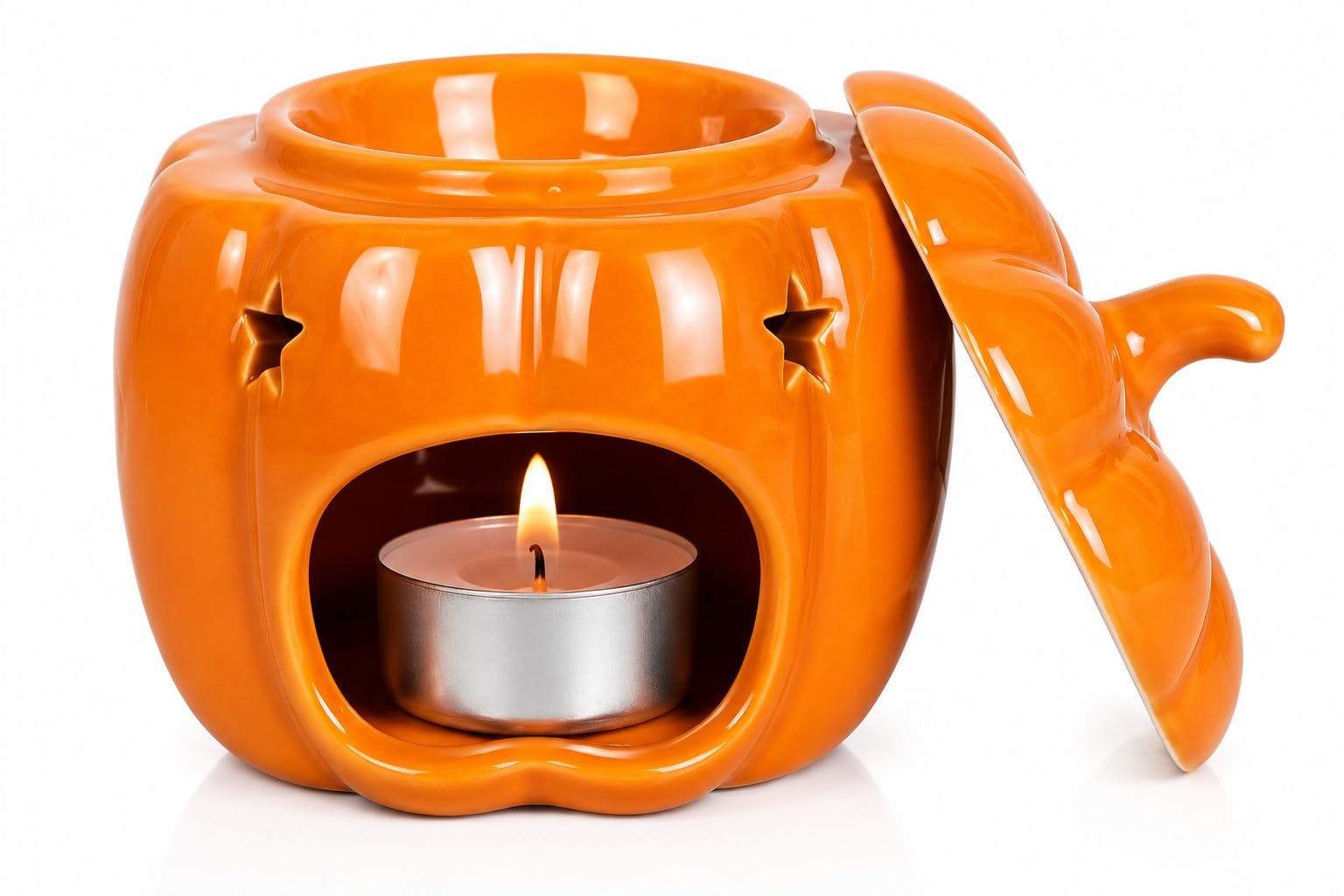 RT ESSENTIALS Ceramic Pumpkin Wax Melt Burner with Lid, Halloween Wax Melt Burner, Wax Warmer for Wax Melts & Essential Oils, Tealight Oil Burner, Home Fragrance Burner, (ORANGE/STAR)