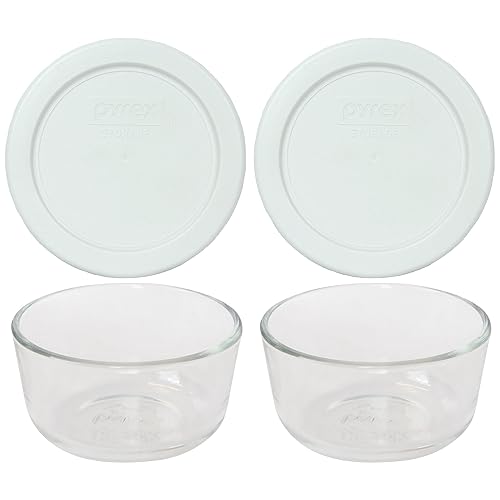 Pyrex 7202 - Cuencos de vidrio de 1 taza y tapas blancas de 7202 unidades (paquete de 2) - Fabricado en Estados Unidos