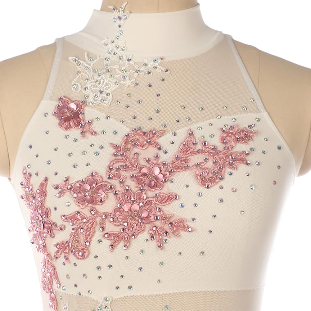 Abito da Pattinaggio Artistico Bambina Body Danza Classica Donna Bianco Senza Maniche Rosa Fiore Strass Vestito da Balletto Body da Ginnastica Ritmica