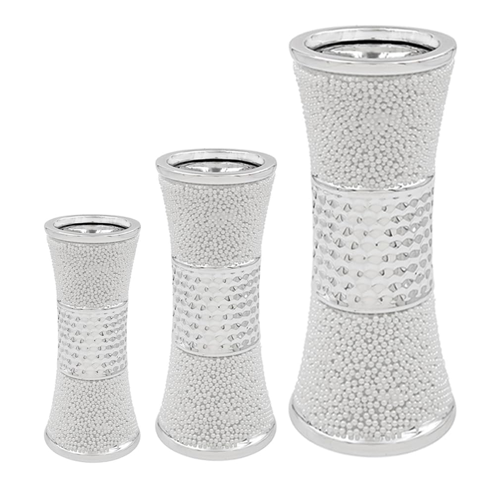 Silver Chrome Vase Ornaments - Flower Vases for Centerpieces, Modern Ceramic Pearlescent Vase for Home, Wedding, Living Room, Office (Set of 3 Vases (S, M & L))