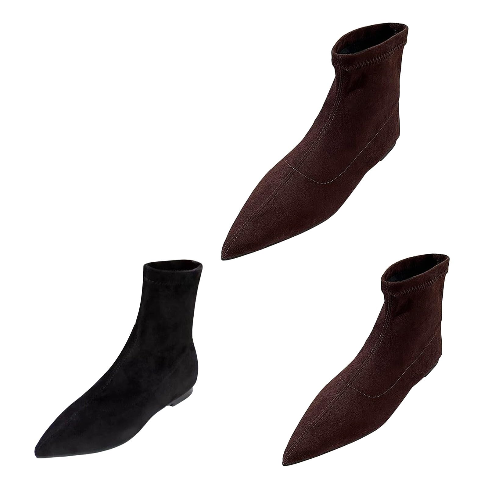 Women's Pointed Toe Flat Ankle Boots Low Heel Mid Calf Boots Ladies Fashion Faux Suede Soft Sole Comfort Walking Shoes Retro Wide Fit Casual Slip On Shoes