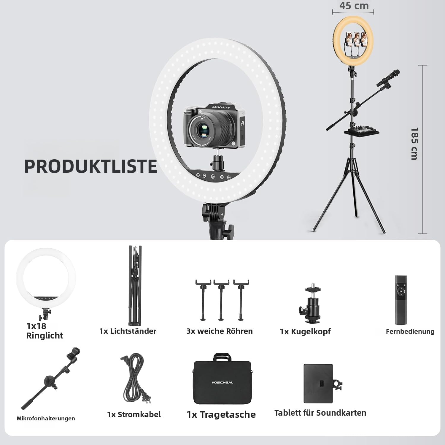 KOSCHEAL Luce ad anello da 18" con supporto, 3000 – 6500 K, luce LED regolabile con microfono e supporto per scheda audio, luce ad anello per parrucchiere/fotocamera professionale/TikTok/YouTube