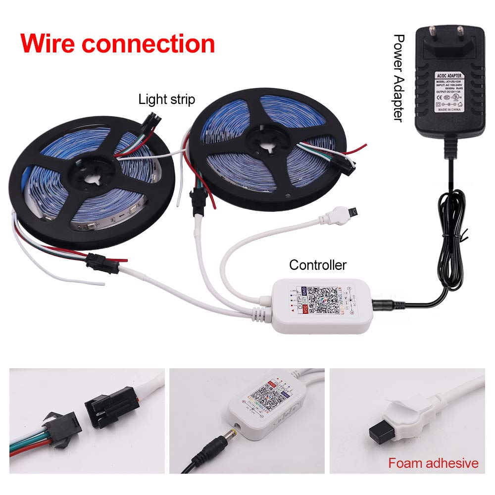 XUNATA Kit de Tira de LED RGB de Música y Bluetooth de 12 V- Dream Full Color WS2811 30LEDs/m Tira de Luz Autoadhesiva, Control Remoto, Fuente de alimentación (15m, Impermeable)