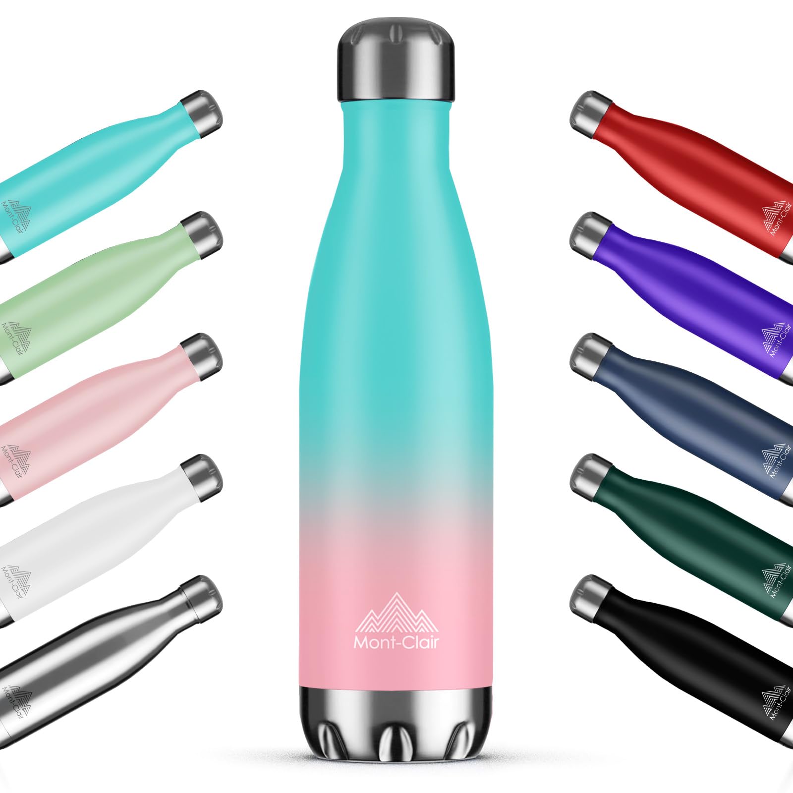 Mont-Clair H2O Stainless Steel Water Bottle, Vacuum Insulated - BPA Free, 12h Hot & 24h Cold Drinks, Metal Water Bottle 500ML Leakproof, Ideal for Adult, Kids, Running - Gradient Cyan/Pink