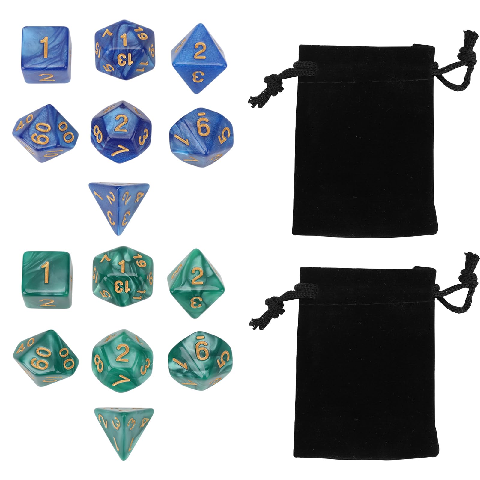 2 Juegos de Dados DND, Dados de rol Poliédrico Set Nebulosa Dice Poliédricos para de rol RPG Compatible con Mazmorras y Dragones Dice D20 D12 D10 D8 D6 D4 Azul + Verde con 2 Bolsa Negra (16 Piezas)