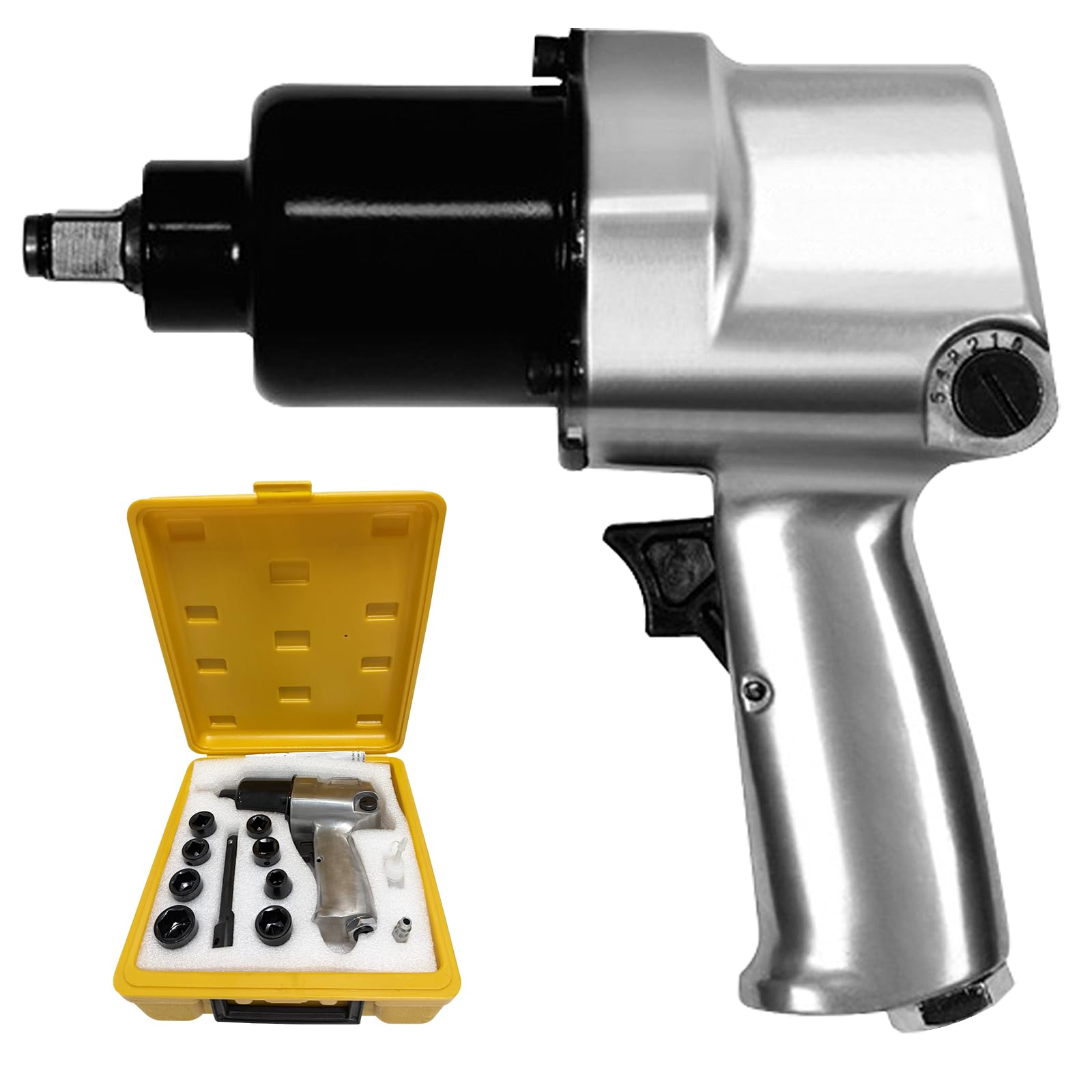 Vanwoke Avvitatore pneumatico ad alta coppia da 1000 N.m con azionamento ad aria compressa da 1/2 pollici con velocità a 5 modalità 6000 giri/min Kit chiave a percussione a doppio martello resistente