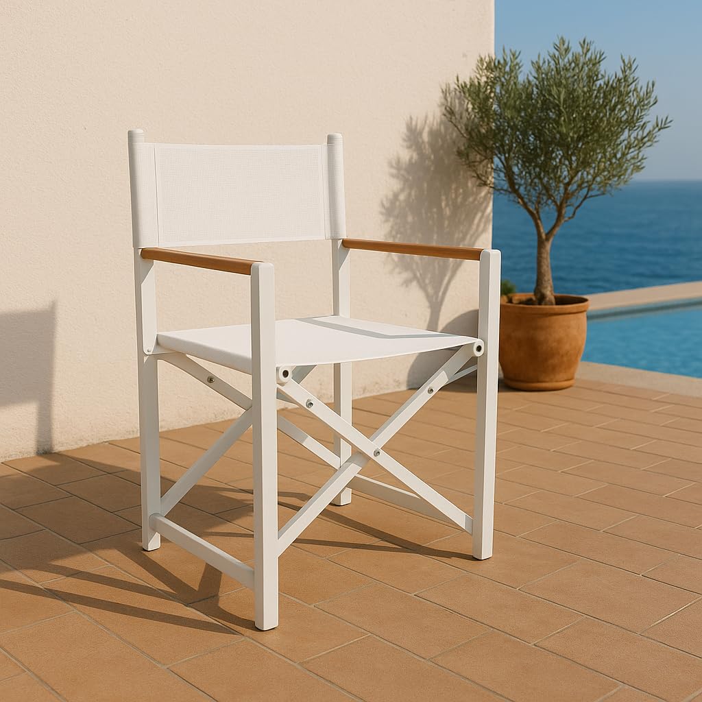 Set 2 Sedie Regista Pieghevoli Fellini | In Alluminio e Textilene Leggere, Textilene Traspirante | Da esterno, da Giardino, Richiudibile, Verniciata a Polvere | 87 x 56 x 45 | Bianca