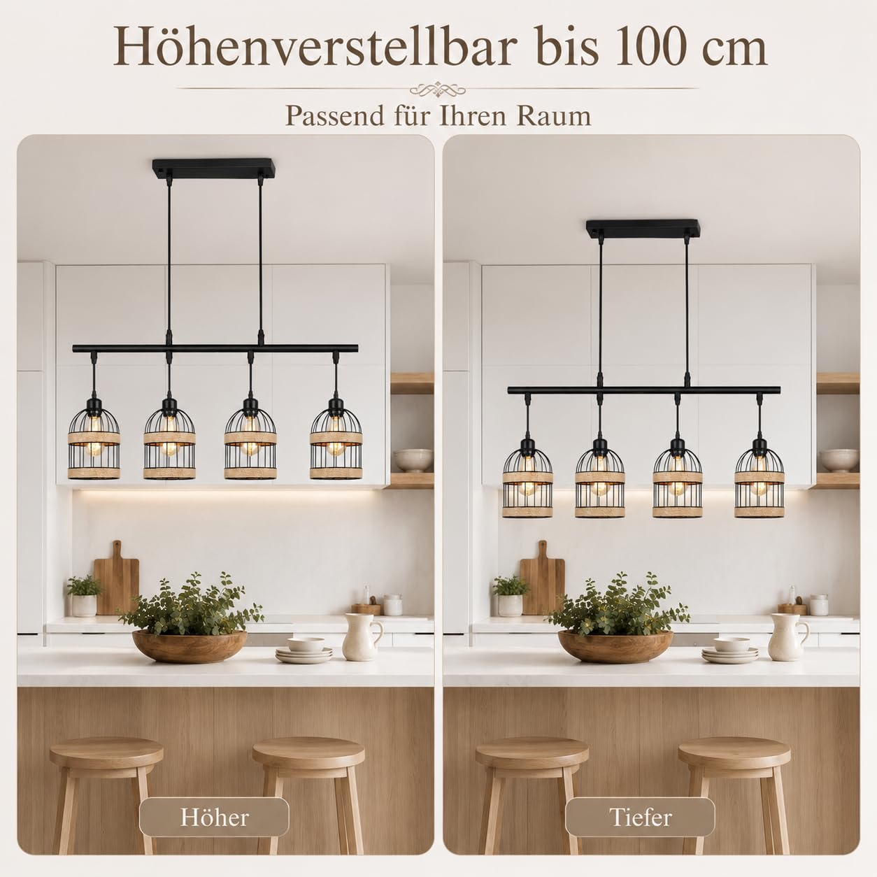 Pendelleuchte Esstisch Rattan Hängelampe 4-Flammig inkl. LED, Vintage Hängeleuchte Schwarz Höhenverstellbar für Esszimmer Kücheninsel Wohnzimmer, Boho Esstischlampe Kronleuchter E27