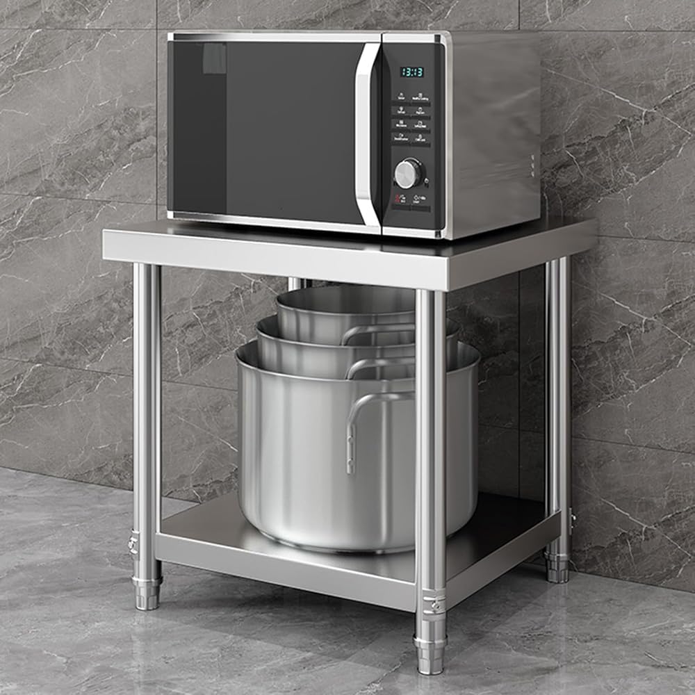 Mesa comercial ajustable de acero inoxidable con estantes dobles abiertos, estación de trabajo de cocina versátil para preparación, cocina y almacenamiento de alimentos