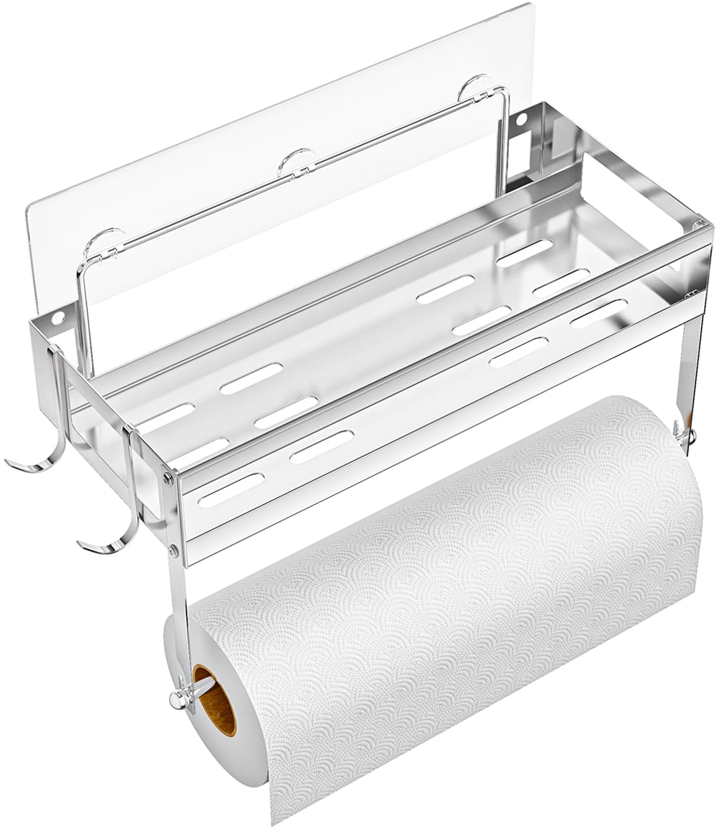 esow paper towel holder with shelf storage, 2-in-1 wall mounted paper towel roll rack basket for kitchen, balcony & bathroom, self-adhesive or drilling installation, sus304 brushed nickel finish