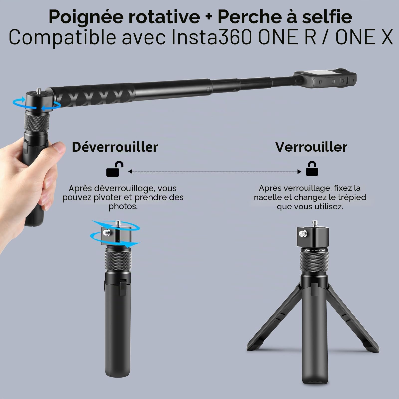 PULUZ Insta 360 Bullet Time Selfie Stick Kit pour Insta360 X3 X4 X5 ONE X2, Perche à selfie de 114 cm et mini trépied pour appareil photo avec double vis 1/4