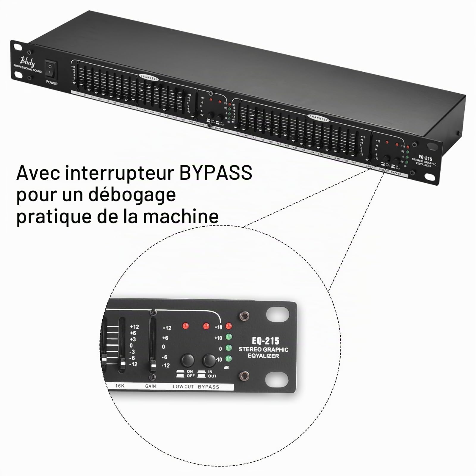 Btuty EQ-215 Égaliseur 15 bandes double canal 1U Égaliseur graphique stéréo 2 canaux à montage en rack