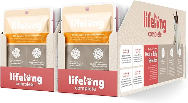 Amazon Brand - Lifelong Complete Food for Adult Cats - Meat in Jelly Selection, 4.8 kg (48 pouches x 100g)