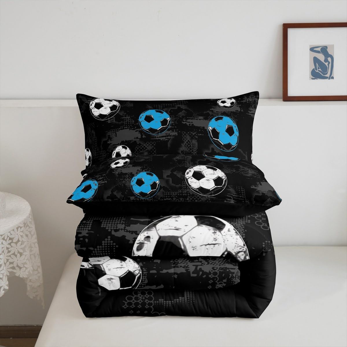 Football Bedding Set Boys Sport Balls Comforter Set for Kids Youth Adult, Black and White Soccer Duvet Insert Football Game Activity Bed Quilt Full Size, European Sport Bedroom Decor