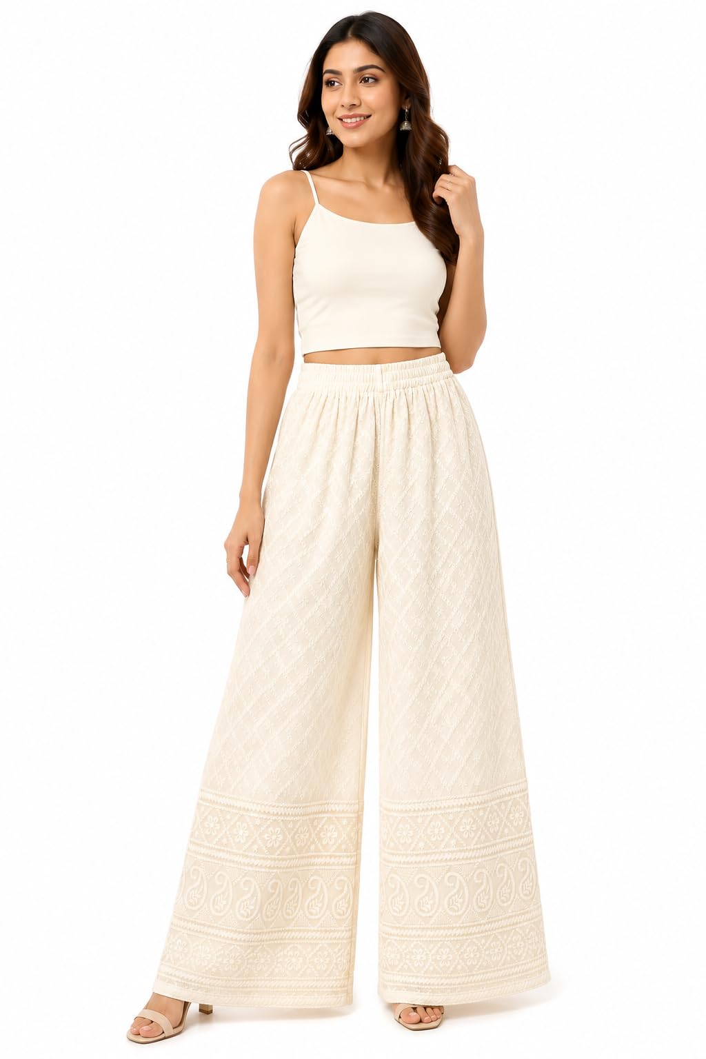 Women's Premium Chicken Palazzo Pants | Wide Leg Flared Fit | Elastic Waist | Full Length Ethnic Bottom Wear | Free Size