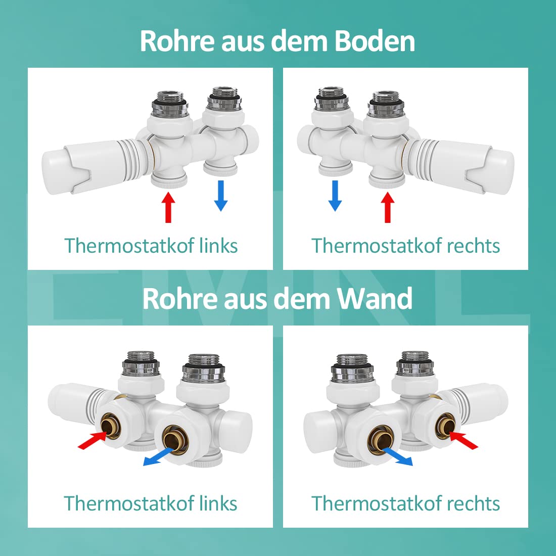 EMKE Hahnblock Multiblock Heizkörper Mittelanschluss, Anschlussarmatur inkl. Thermostatkopf, Ventil-Armaturen Eck und Durchgangsform, Ventilhahnblock für Badheizkörper Weiß G1/2"