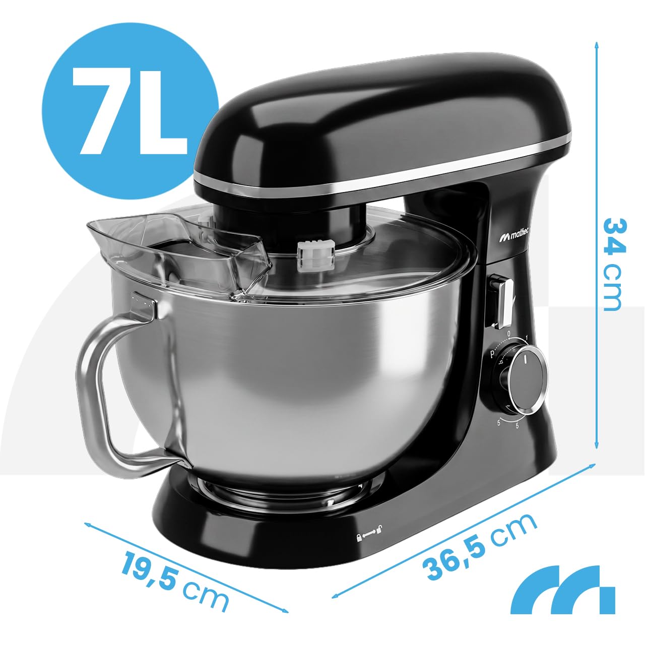 MalTec Küchenmaschine 2000W mit 7L Edelstahlschüssel und planetarischem Rührwerk, mit Knethaken Schneebesen Flachrührer Eiertrenner Pulsfunktion LED-Drehregler Spritzschutz, für Backen und Kochen