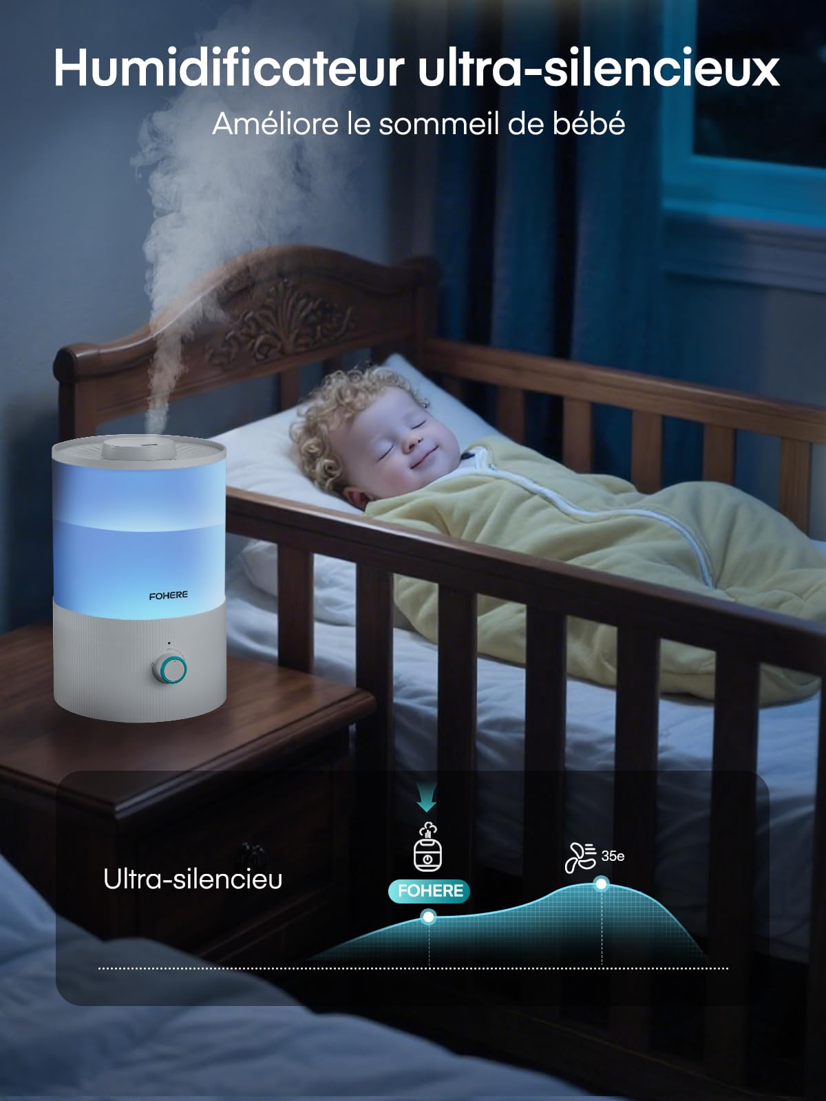 FOHERE Humidificateur d'air Chambre Silencieux 3,2L Top-Fill
