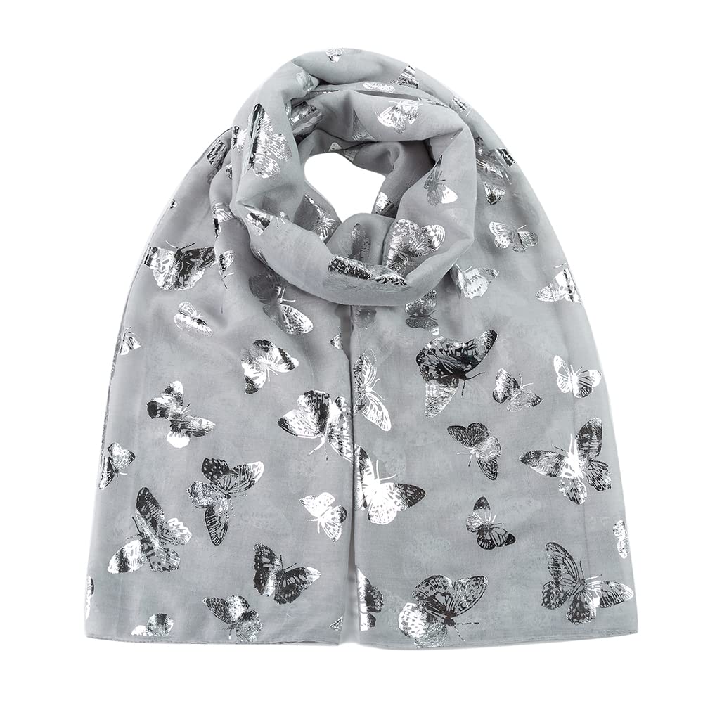 London Scarfs New Ladies Women's Glitter Foiled Flamingo,Swallow Birds & Butterfly Print Scarfs (New Glitter Butterfly Silver)