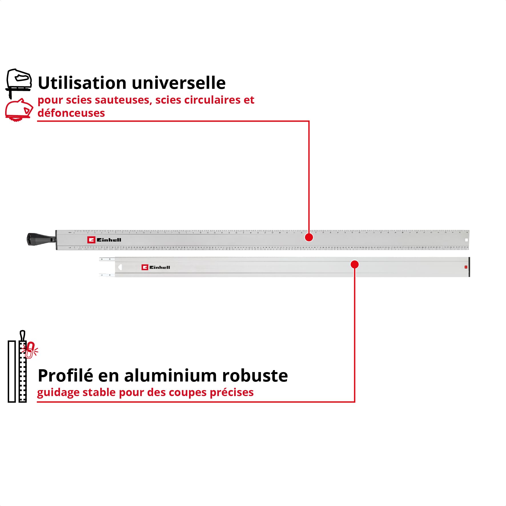 Einhell Rail de guidage universel, 2 pièces (capacité max. 2500 mm, force 50 kg, profilé aluminium, surfaces antidérapantes, serrage rapide, pour scies sauteuses et circulaires portatives) | Capacité de serrage max. 2500 mm | force de serrage 50 kg | prof