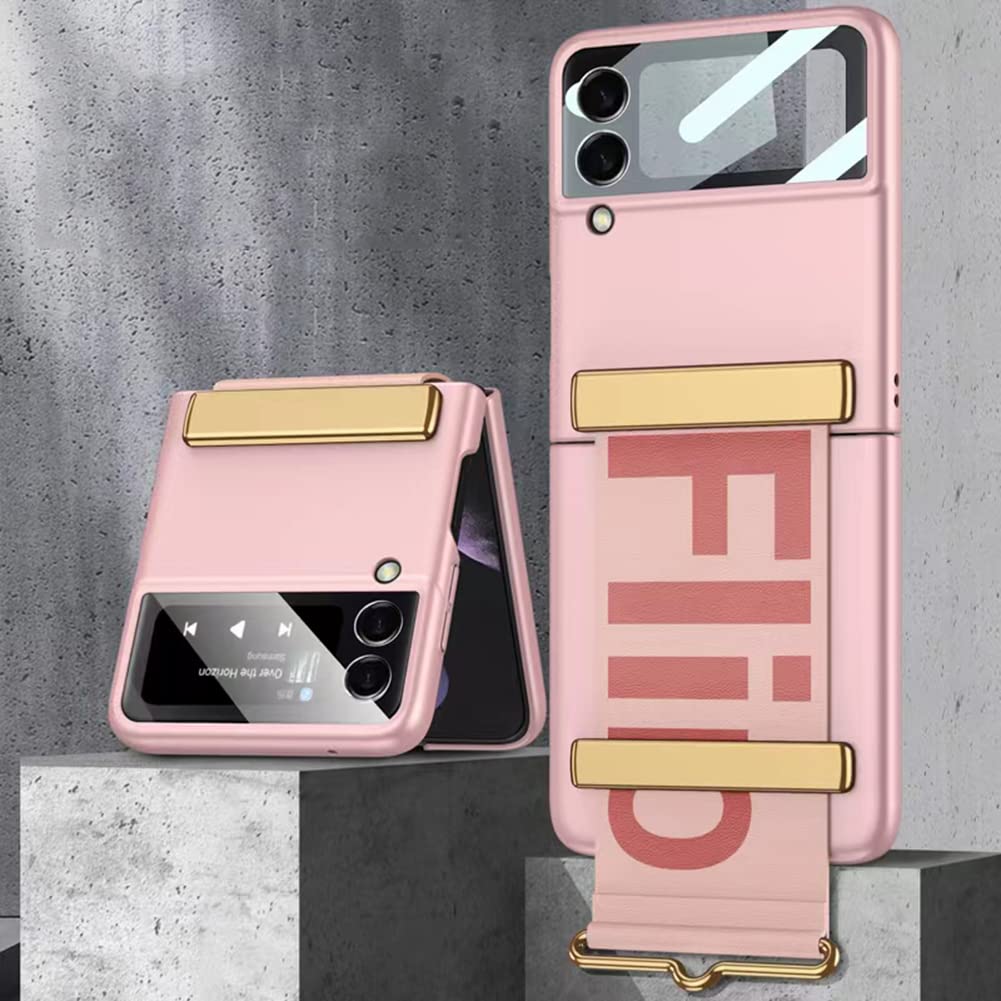 SHIEIDSamsung Z Flip 3 Case, Galaxy Z Flip 3 Phone Case Ultra-Thin Protective Cover with Strap, Shockproof Smartphone Protector Flip 3 Case for Samsung Galaxy Z Flip 3 5G, Pink