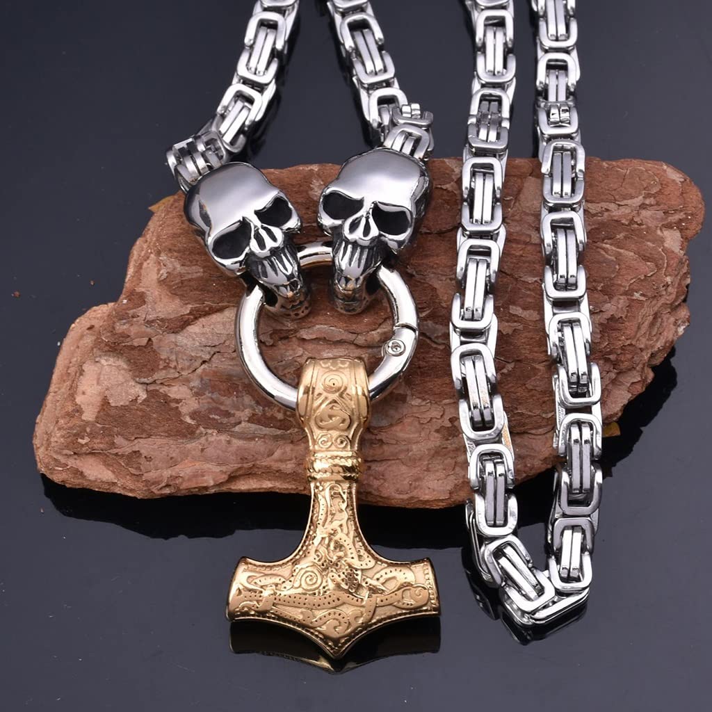 Uomini Mjolnir Collana Norse Gioielli Vichinghi Testa Di Lupo Fenrir Catena Imperatori Bizantini Martello Di Thor Ciondolo Amuleto Un Regalo In Una Scatola Di Legno Valhalla (Color : Style 50, Size - Foto 3