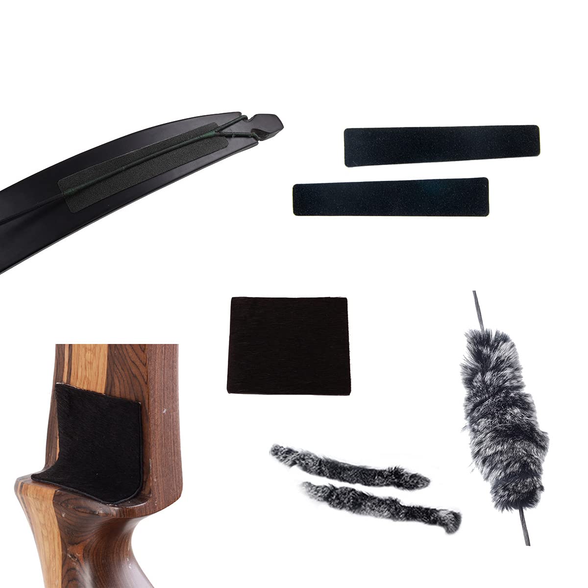 Archery Bow String Silencers Set - Leather Arrow Rest Plate, Cow Fur Silencer Strips & Rabbit Hair Dampeners For Recurve & Longbows