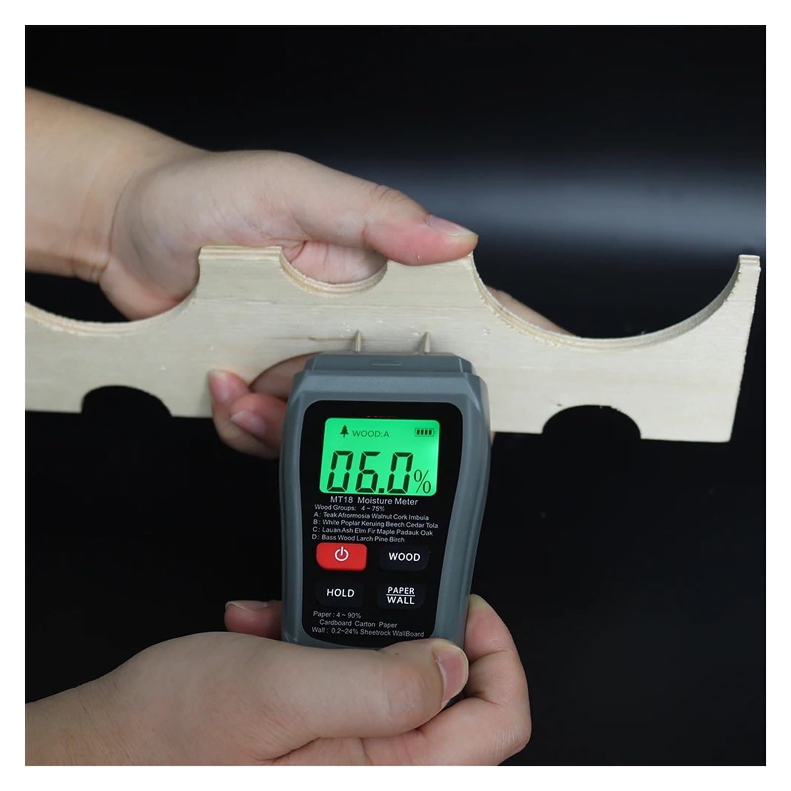 Tester di umidità, Misuratore di umidità del legno digitale a due pin 0-99,9% Misuratore di umidità della carta Igrometro da parete Rilevatore di umidità del legno(Orange)