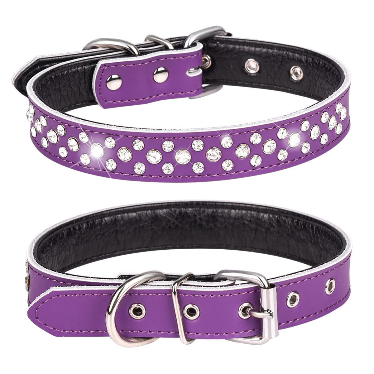 Pimaodog Rhinestones Dog Collar, Adjustable Sparkly Crystal Studded Genuine Leather Pet Dog Collar for Small and Medium Dogs (S, Purple)