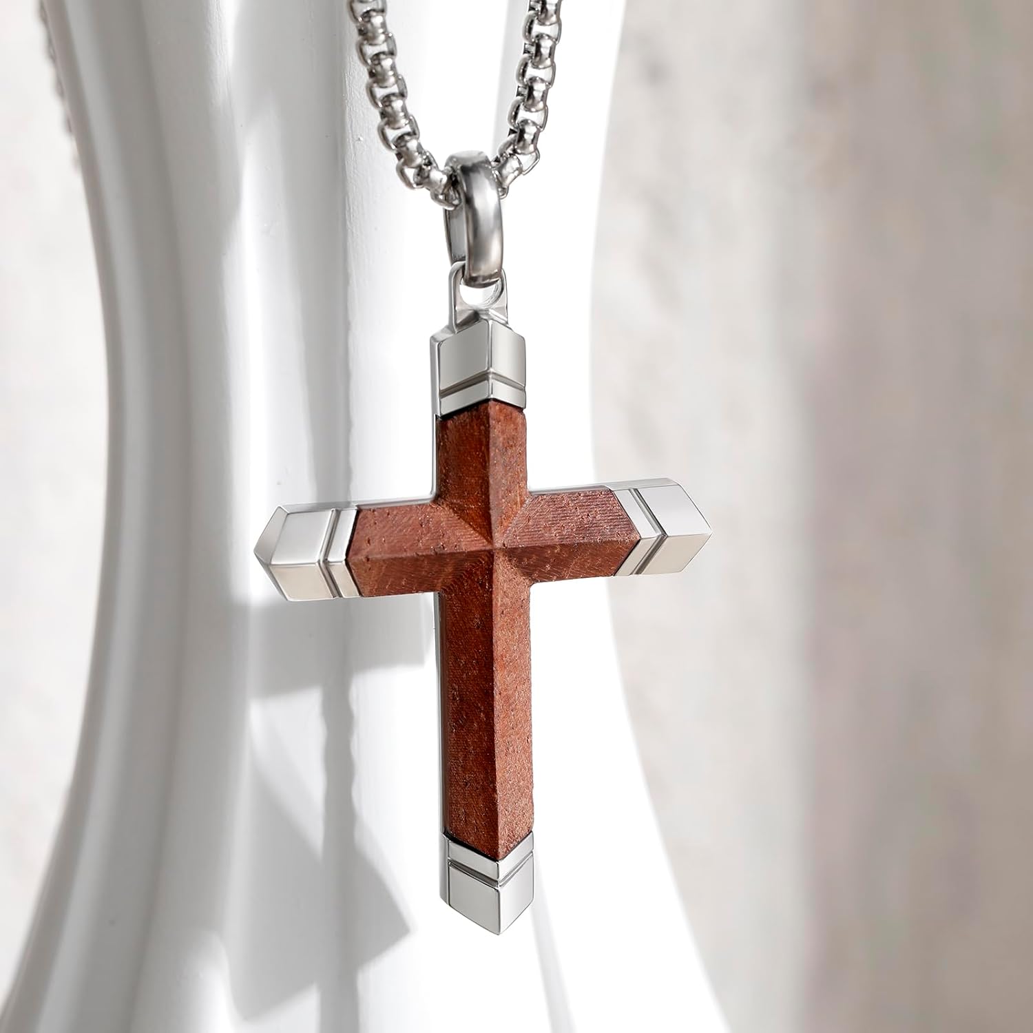 Cross Necklace for Men -Stainless Steel & Wood Adjustable Box Chain 24-26in, Spiritual Jewelry Gift for Him, Everyday Wear - Image 3