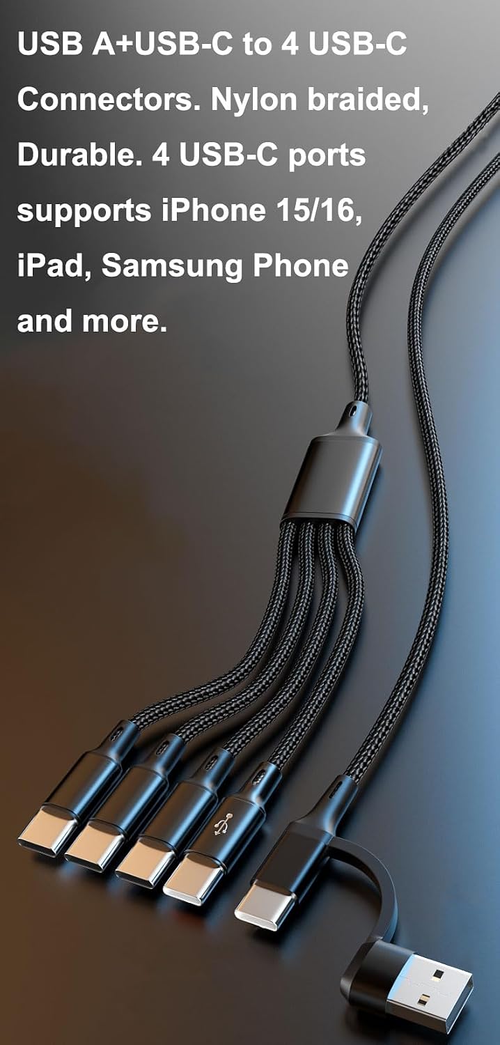 USB C Multi Charging Cable, 4FT 2Pack, 4 in 2, USB-A+USB-C to 4 USB-C Connectors, Multiple USB Type C Splitter Cords for iPhone 16/15 Pro Max, iPad Air/Pro, Samsung Galaxy, Google Pixel, Android, PS5 image 4