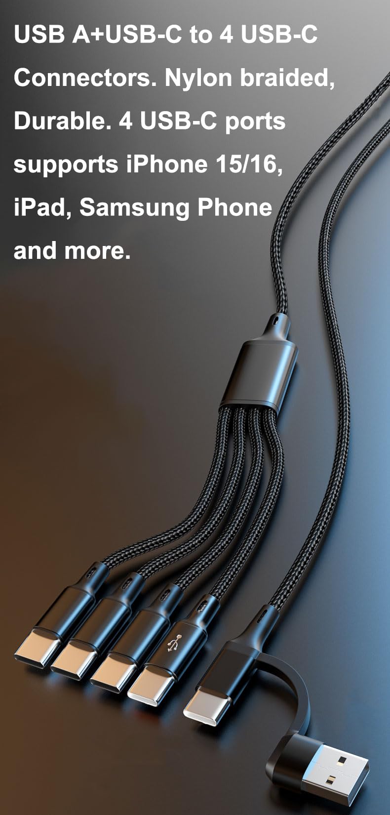 USB-C-Multi-Ladekabel, 1,2 m, 2 Stück, 4-in-2, USB-A + USB-C auf 4 USB-C-Anschlüsse, mehrere USB-Typ-C-Splitterkabel für iPhone 16/15 Pro Max, iPad Air/Pro, Samsung Galaxy, Google Pixel, Android, PS5