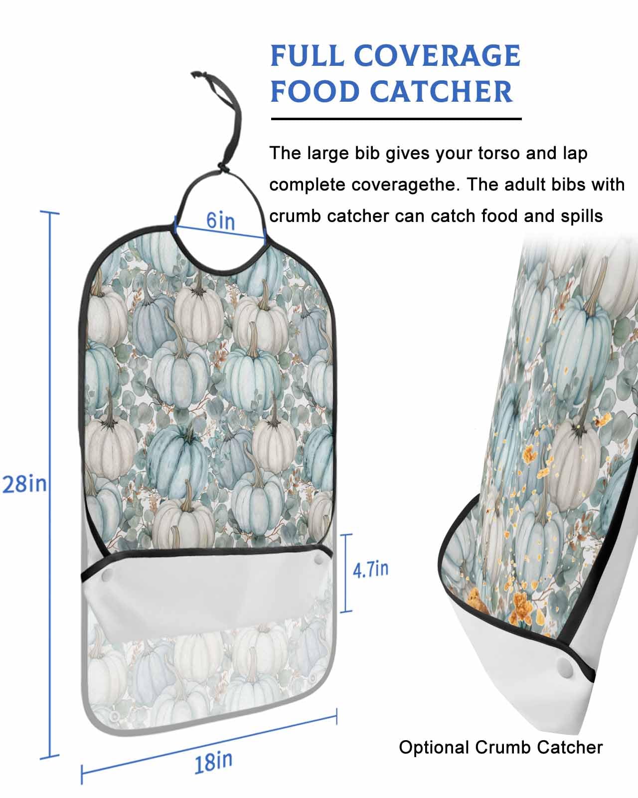 Thanksgiving Turquoise Pumpkins Adult Bib for Eating with Crumb Catcher,Fall Eucalyptus Maple Leaves Waterproof Terry Cloth Adjustable Elderly Women Men Adult Bibs Funny Apron Clothing Protector