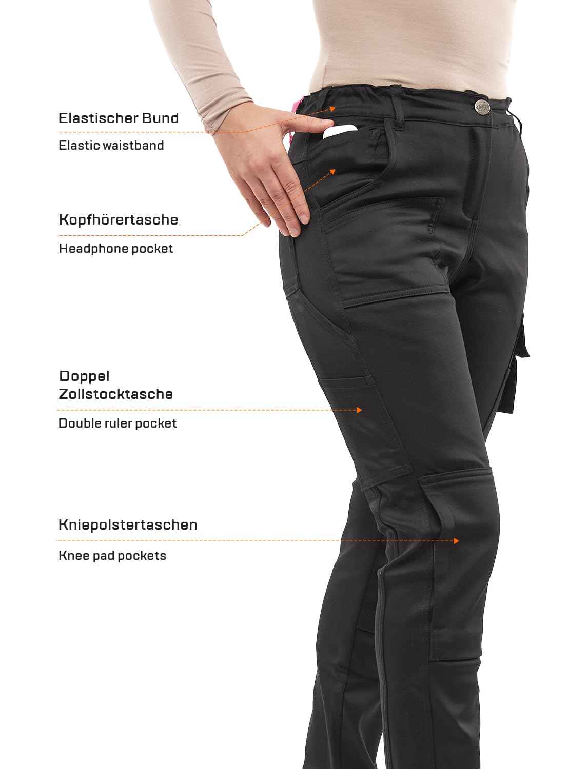 strongAnt Damen Arbeitshose komplett Stretch für Frauen Bundhose mit Kniepolstertaschen Schwarz Grau Weiß Pink
